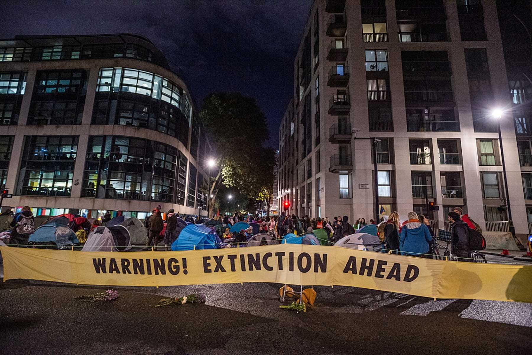One of many Extinction Rebellion camp sites across the downtown London core.