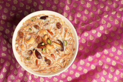 Khir or kheer payasam also known as Sheer Khurma Seviyan consumed especially on Eid or any other festival in india/asia. Served with dry fruits toppings in a ceramic bowl